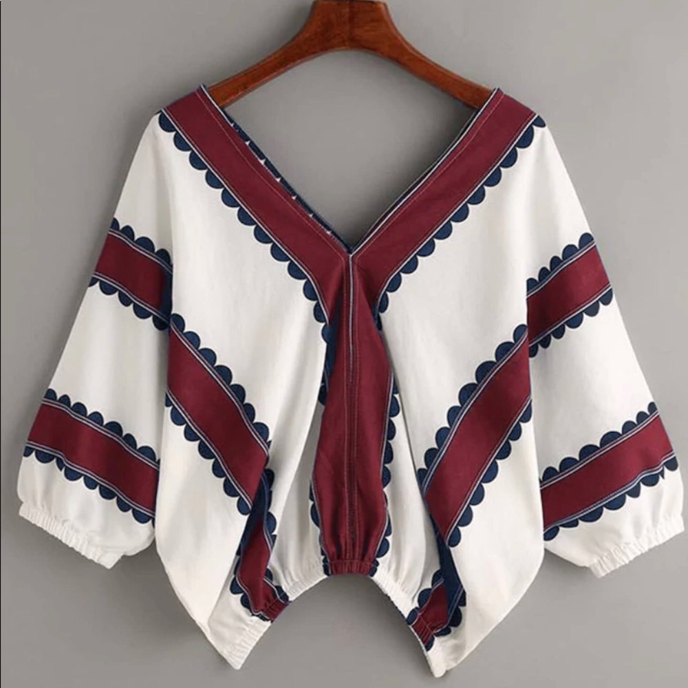Contrast Print Double V Blouse